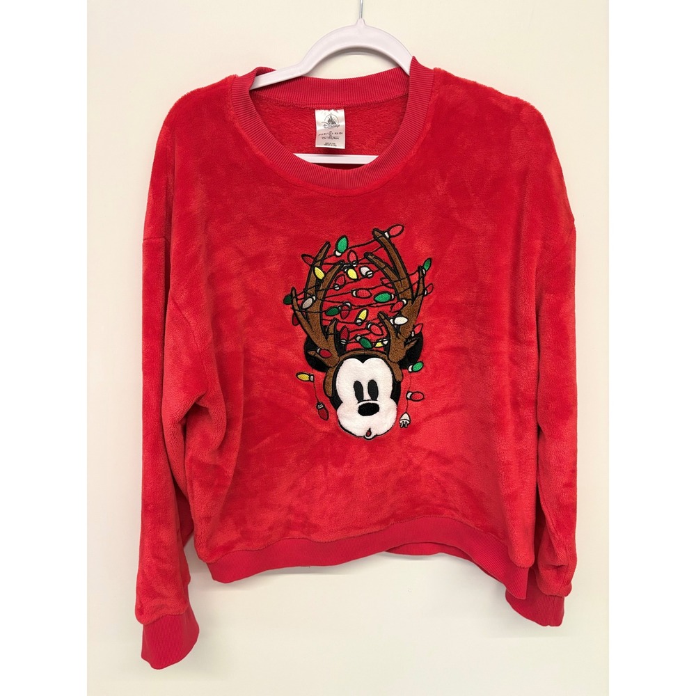 Disney Christmas Festive Holiday Sweatshirt Mickey Reindeer Fleece Size M Red